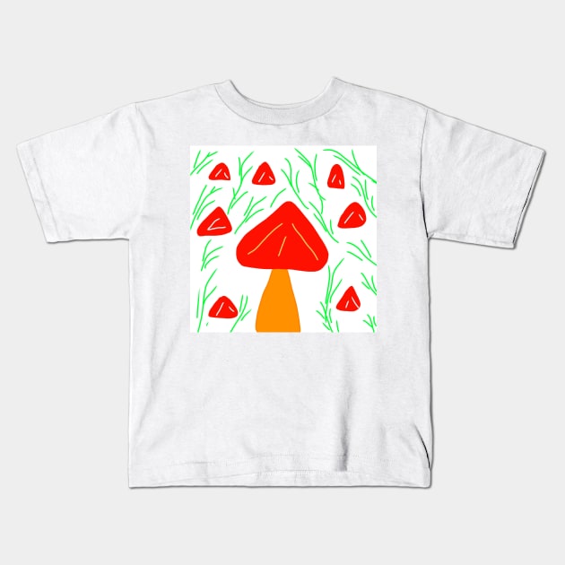 red mushroom green leaves design Kids T-Shirt by Artistic_st